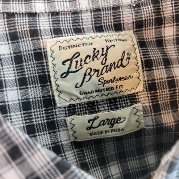 Lucky Brand Shirt Mens Large Black Pearl Snap Plaid Check Western Cowboy Rodeo - Picture 8 of 9